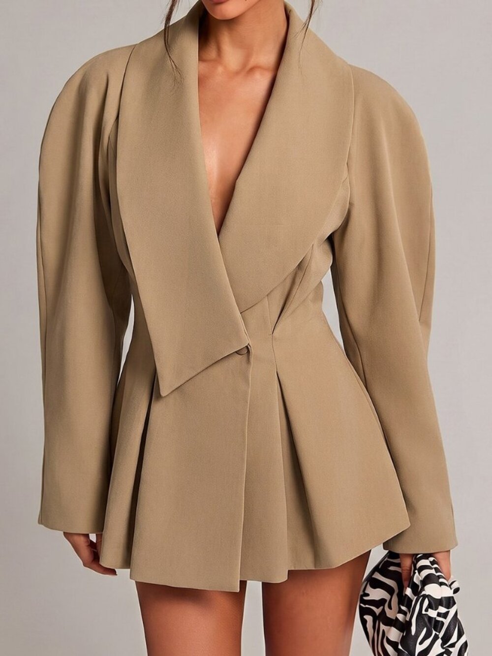 Khaki Casual Women's Long Sleeve Pleated Blazer
